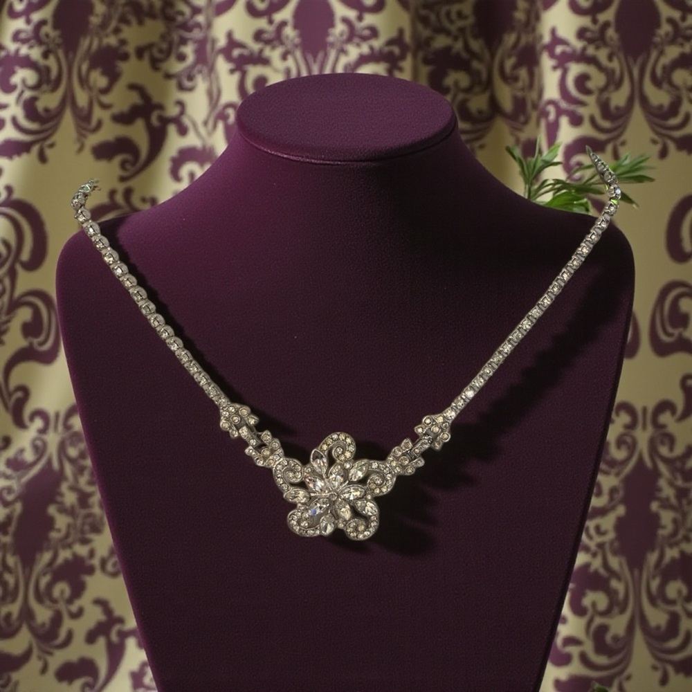 Vintage Kramer of New York Rhinestone Flower Necklace - Signed Designer Jewelry